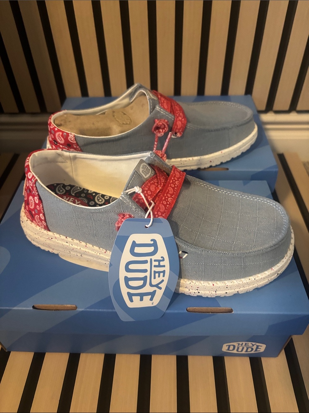Hey Dude Light Blue Slip-On Sneakers with Red Bandana Accents - Picture 6 of 7